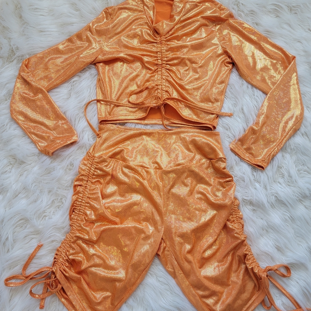 Orange Shiny Two Piece Rave Set - Picture 2 of 4